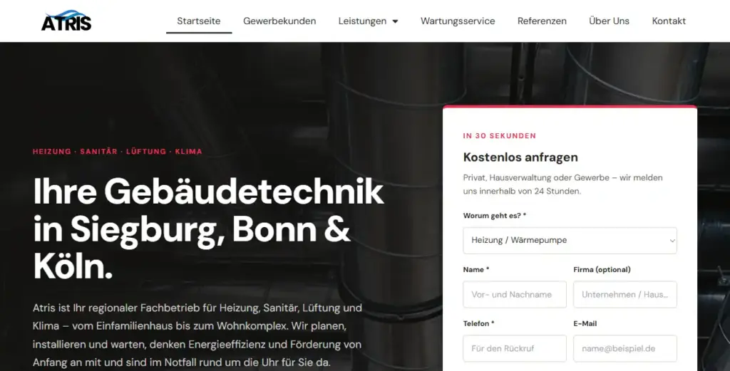 Website von Atris Sanitär- und Heiztechnik – Referenz Marqini