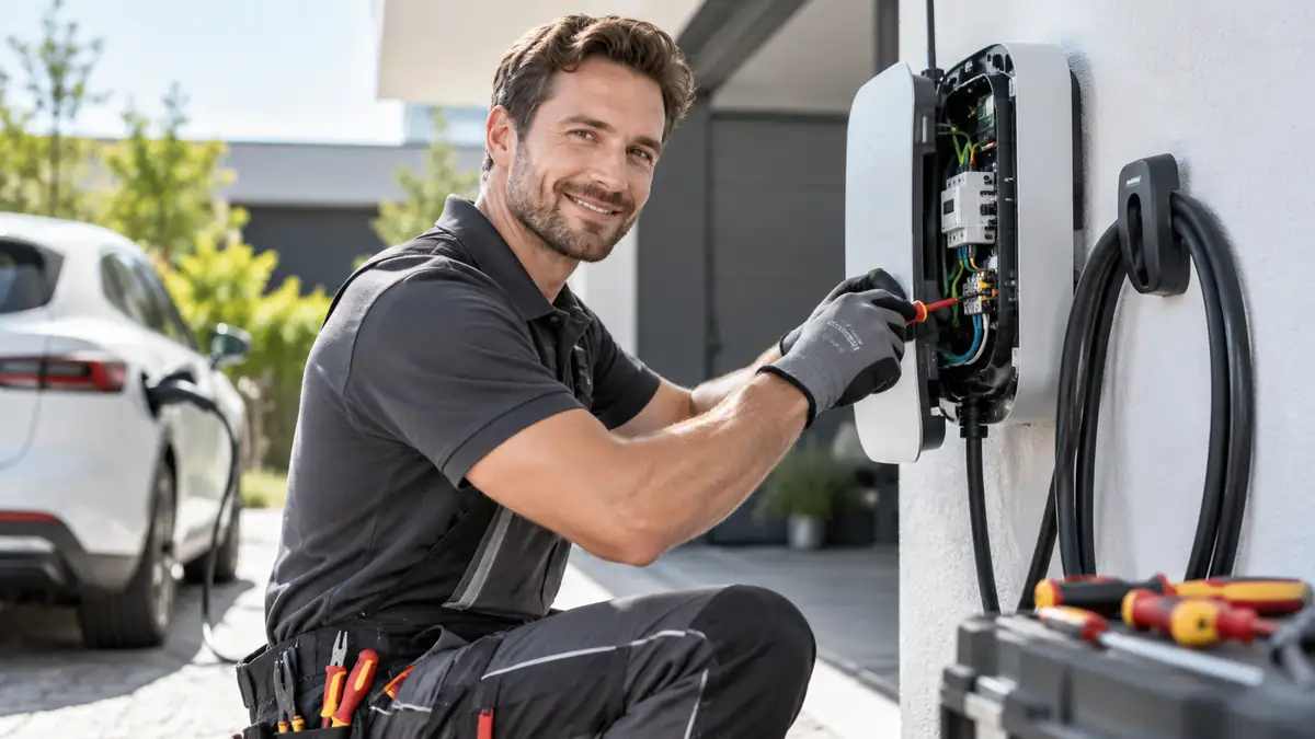 Elektriker bei der Wartung einer Wallbox am Haus – Website für Elektriker
