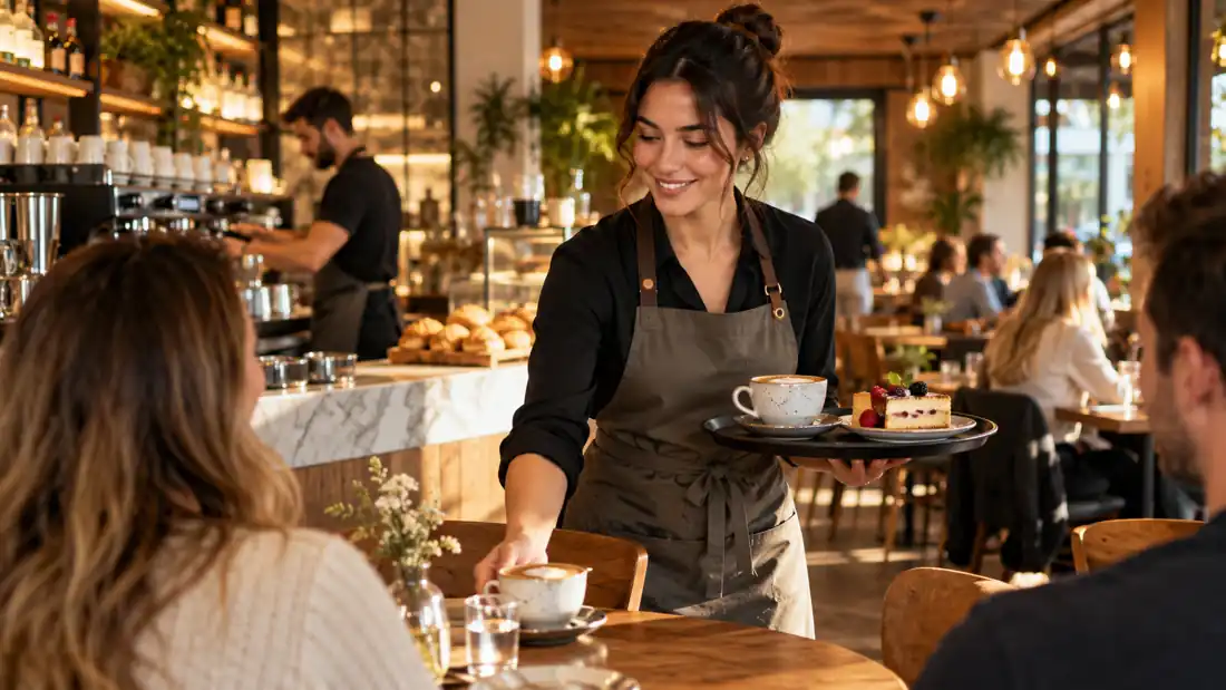 Bedienung serviert Kaffee und Kuchen in einem gemütlichen Café – Website für Gastronomie