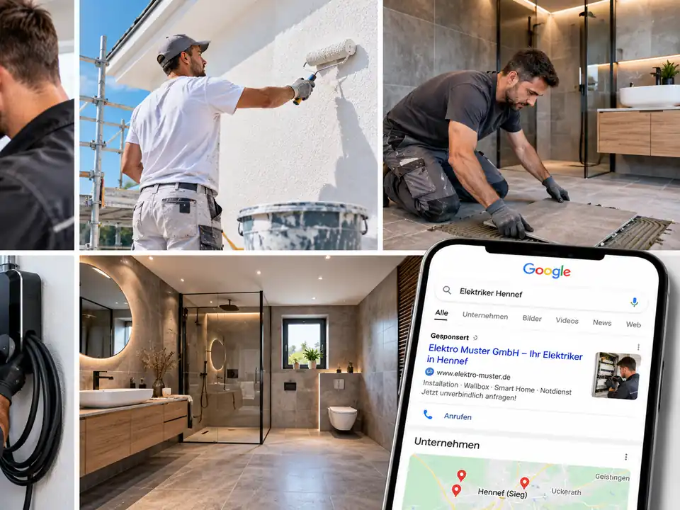 Handwerker bei der Arbeit und Smartphone mit Google-Anzeige für einen Elektriker in Hennef – Google Ads für lokale Betriebe