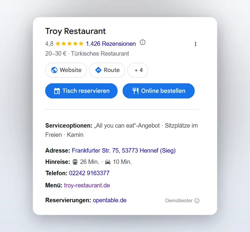 Google-Unternehmensprofil von Troy Restaurant in Hennef mit 4,8 Sternen und 1.426 Rezensionen