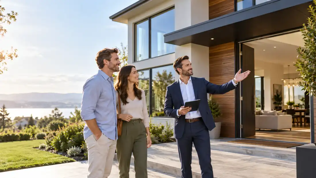 Immobilienmakler zeigt einem Paar ein modernes Haus bei der Besichtigung – Website für Immobilienmakler