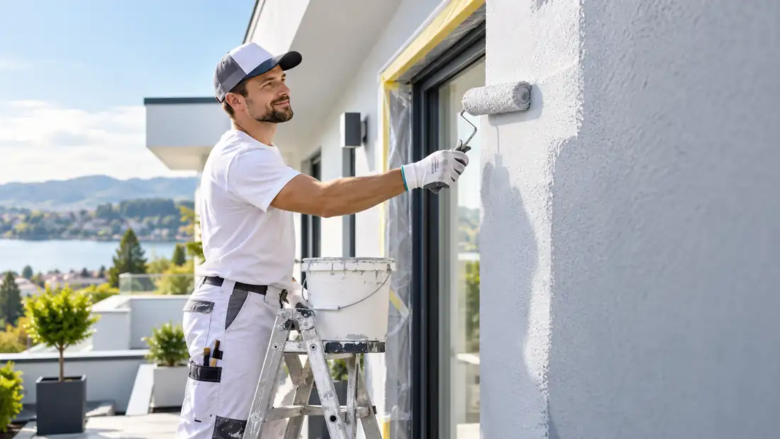 Maler streicht eine Hausfassade mit der Farbrolle – Website für Maler und Lackierer
