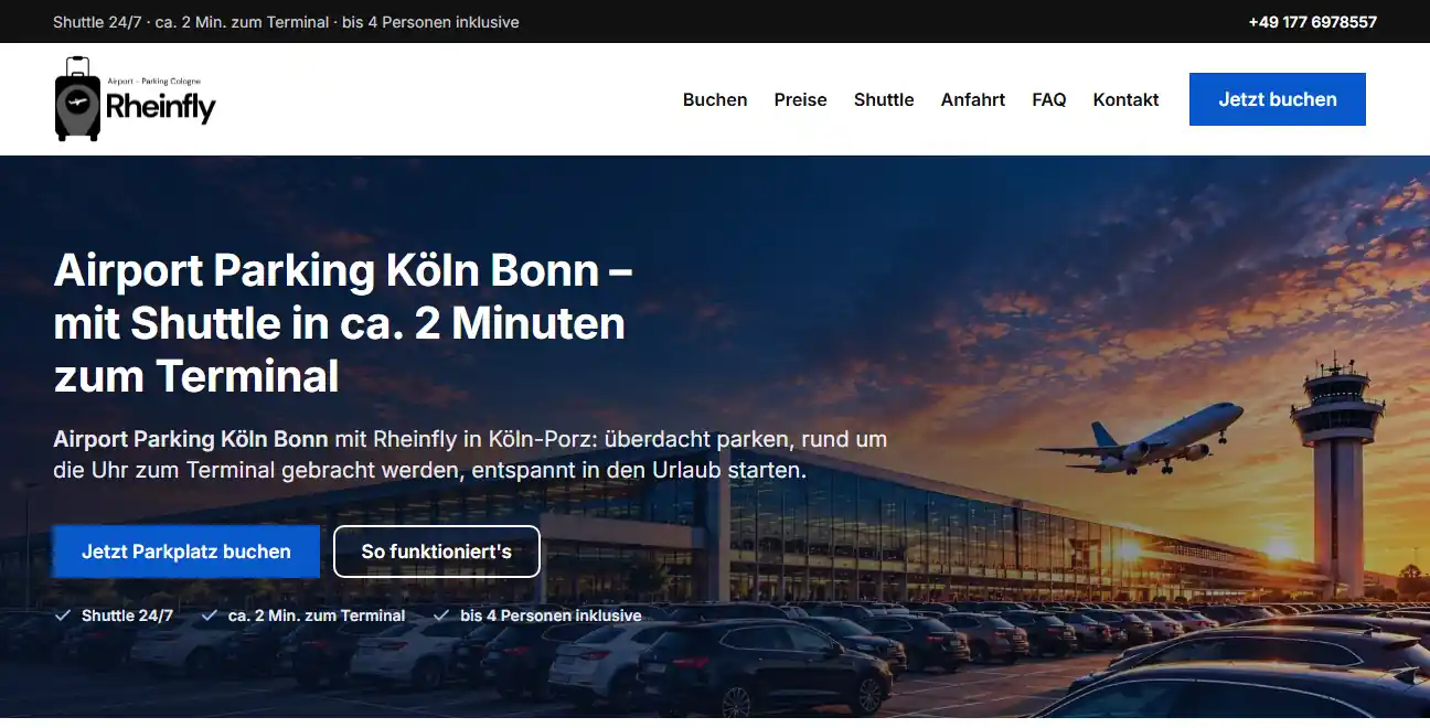 Website von Rheinfly Airportparking Köln/Bonn – Referenz Marqini