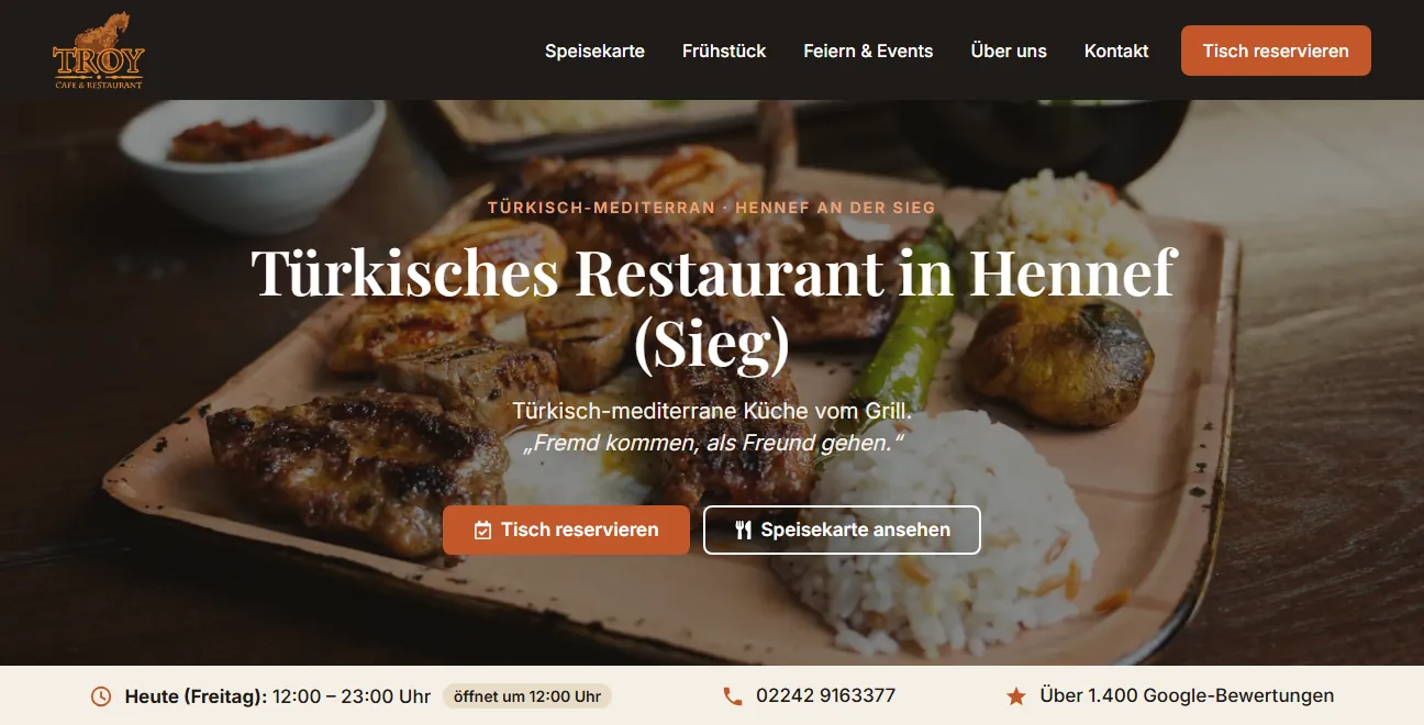 Website von Troy Restaurant in Hennef – Referenz Marqini